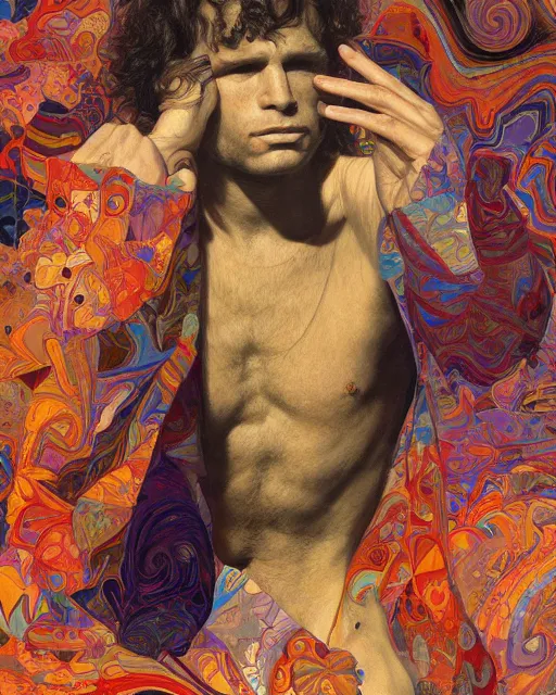 Prompt: jim morrison surrounded by bright intricate patterns, painted by edgar maxence, edward hopper, wayne barlowe and james gilleard, airbrush, art by jamesjean