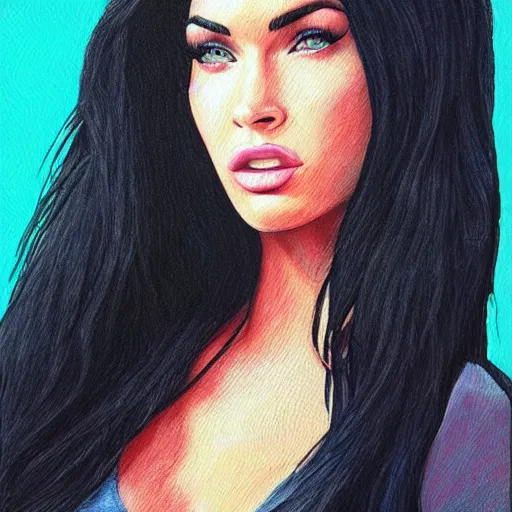 Image similar to “Megan Fox crayons paintings, ultra detailed portrait, 4k resolution”