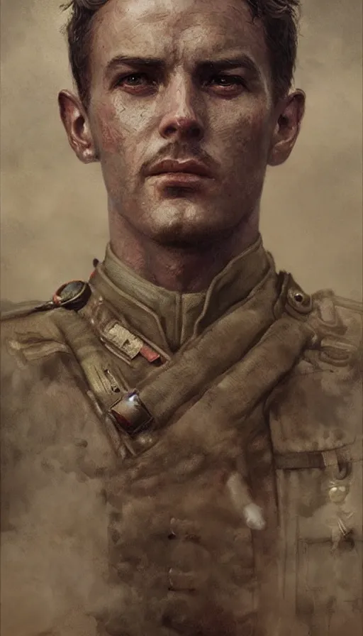 Prompt: Portrait of a WWI pilot, male, detailed face, 20th century, highly detailed, cinematic lighting, digital art painting by greg rutkowski