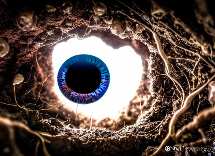 Image similar to photo of an eyeball in a cavern wrapped in roots underground. Fantasy magic style. Highly detailed 8k. Intricate. Nikon d850 55mm. Award winning photography.