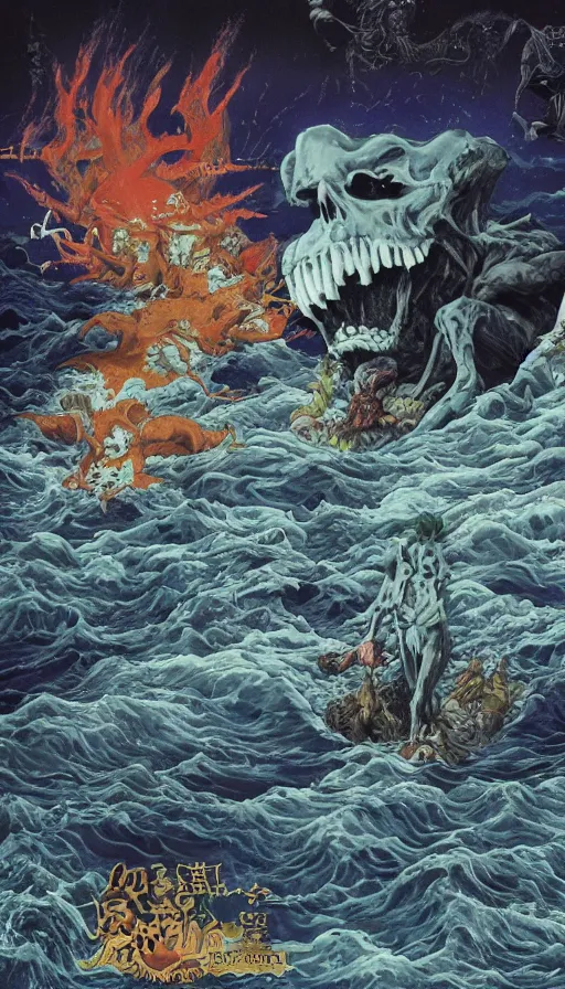 Image similar to man on boat crossing a body of water in hell with creatures in the water, sea of souls, by hideaki anno