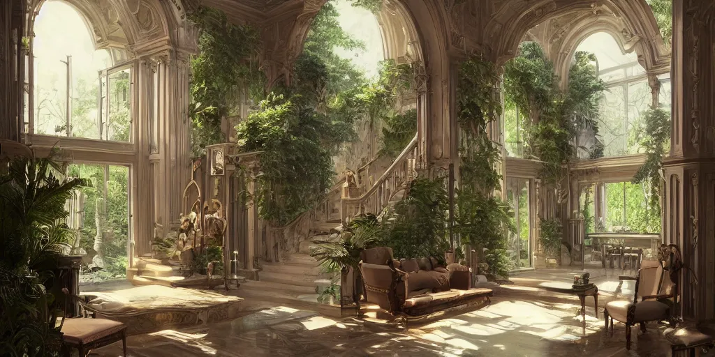 Prompt: photo of a beautiful living room in a mansion with lots of vegetation. architecture. comfortable. stairs. trending on artstation. cgsociety. art by greg rutkowski and moebius, detailed hutra, engraving, precision, cinematic light