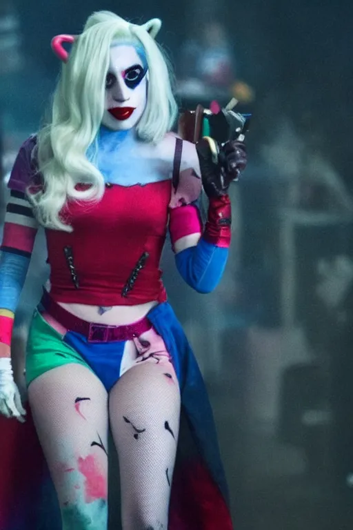 Image similar to film still of Lady Gaga as Harley Quinn in Joker 2, 4k