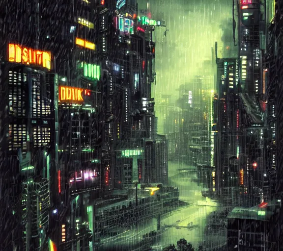 Image similar to dark cyberpunk rain city