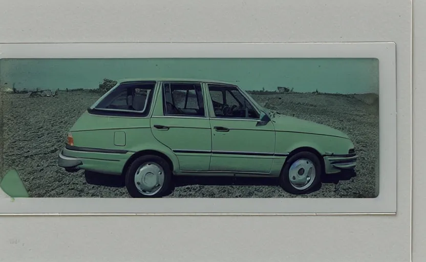 Prompt: vintage polaroid photograph of a 1998 volvo car parked in the parking lot of a beach, photograph tinted green