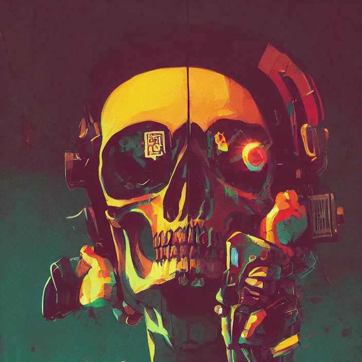 Image similar to a colorful comic noir illustration painting of a cyberpunk skull by sachin teng, sergey kolesov, greg rutkowski, simon stalenhag. in style of digital art. hyper detailed, sharp focus, soft light. octane render. ray tracing. trending on artstation