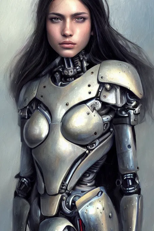 Image similar to a photorealistically painted portrait of an attractive young girl, partially clothed in cybernetic battle armor, with an abstractly painted background, flawless olive skin, fair complexion, long dark hair, beautiful bone structure, perfectly symmetric facial features, perfect photorealistic eyes, natural physique, intricate, elegant, digital painting, concept art, finely detailed, beautifully illustrated, sharp focus, minimal artifacts, volumetric lighting, from Metal Gear, by Ruan Jia and Mandy Jurgens and Artgerm and William-Adolphe Bouguerea, in the style of Greg Rutkowski, trending on Artstation, award winning art