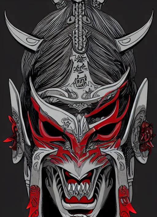 Image similar to Demon Samurai Mask, in the style of Sam Guay and James Jean, extremly detailed, flat illustration, trending on artstation