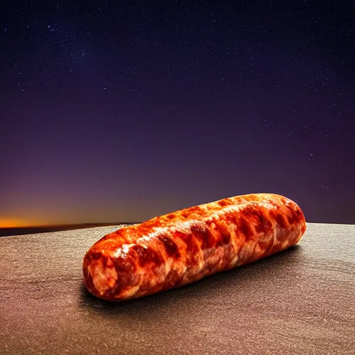 Image similar to CHORIZO sausage, end cut, night sky, 8k, photograph, photorealistic