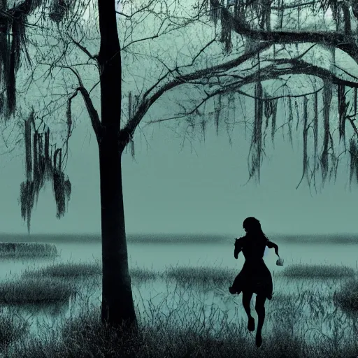 Prompt: Shadow of woman running in the night in the middle of a swamp