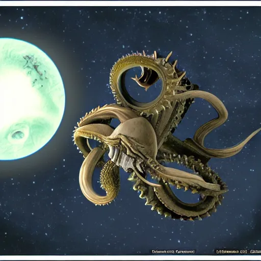 Prompt: a biomechanical space kraken eating one of the moons of Jupiter