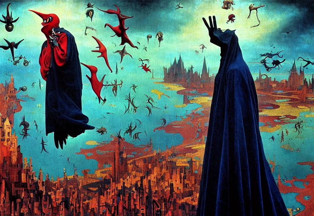 Image similar to realistic detailed portrait movie shot of a screaming birdman wearing black robes, sci fi city landscape background by denis villeneuve, amano, yves tanguy, alphonse mucha, ernst haeckel, max ernst, roger dean, hieronymus bosch, masterpiece, rich moody colours, dog teeth, blue eyes