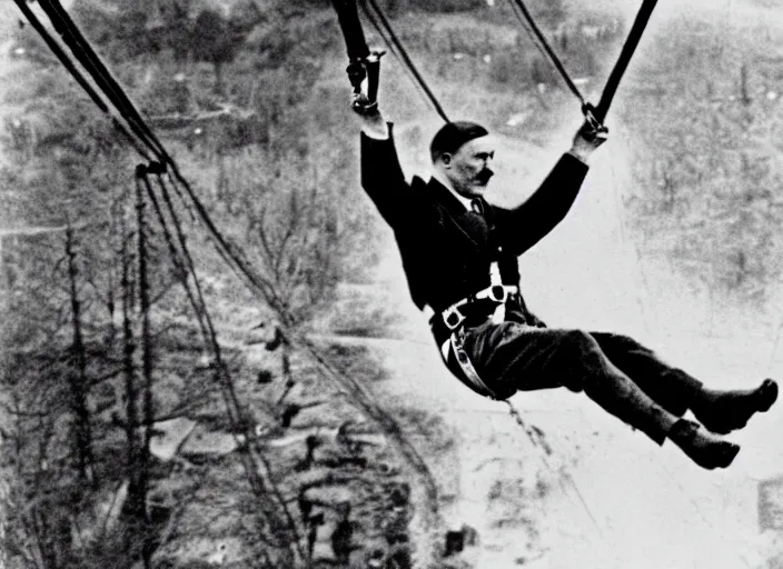 Image similar to Adolf Hitler gets stuck on a zipline at the 1936 Berlin Olympics