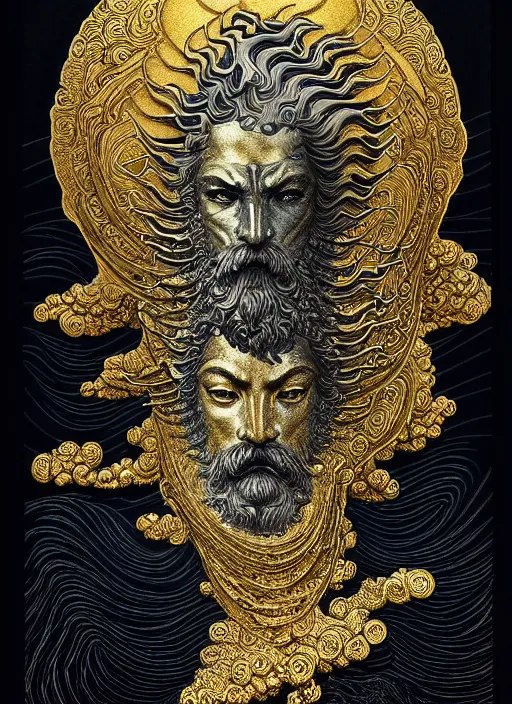 Prompt: detailed mighty poseidon god, by hokusai and james gurney + black paper with intricate and vibrant gold line work + tarot card + mandelbulb fractal + full of silver layers + portrait + trending on artstation + incredible gold and black gothic illustration + exquisite detail