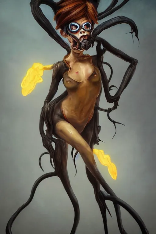 Image similar to dark full body painting of tracer from overwatch, in style of zdzisław beksinski, scary, horror, 4 k, feminine facial features, overwatch tracer character, horror, body horror, disturbing, detailed face, dressed in dark garment, black tendrils, tall, long legs,