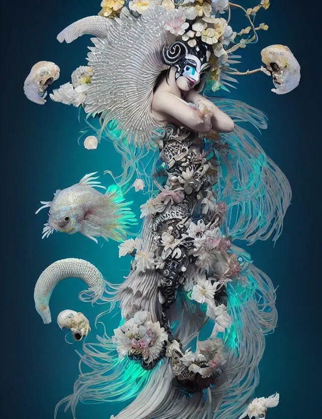 Image similar to 3 d goddess bottom - up with ram skull. beautiful intricately detailed japanese crow kitsune mask and clasical japanese kimono. betta fish, jellyfish phoenix, bio luminescent, plasma, ice, water, wind, creature, artwork by tooth wu and wlop and beeple and greg rutkowski