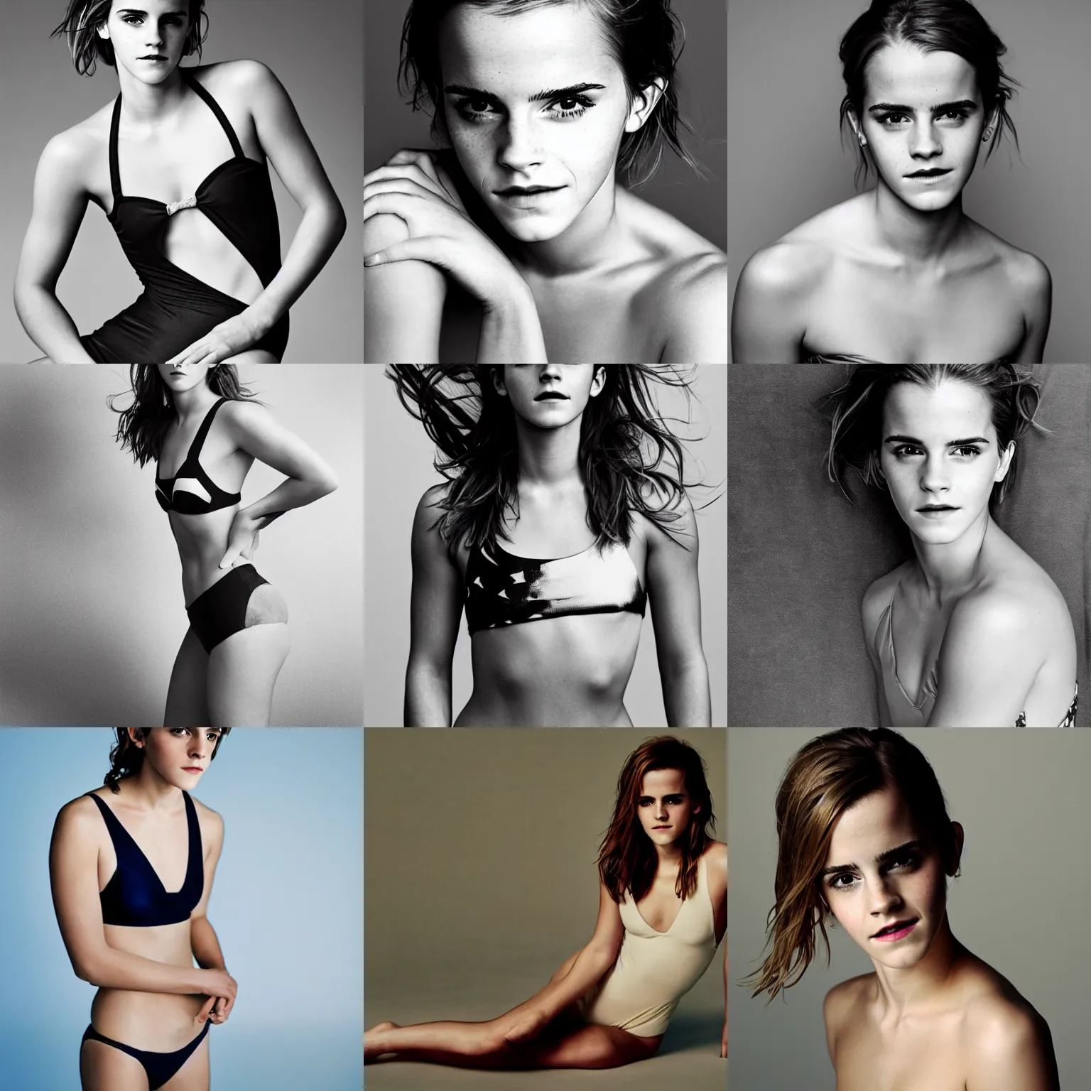Prompt: Photo of Emma Watson in swimsuit, soft studio lighting, photo taken by Anne Liebovitz for Abercrombie and Fitch, award-winning photograph, 24mm f/1.4