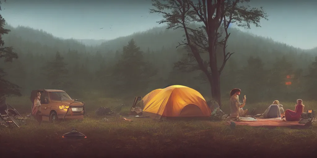 Image similar to two women camping, looking out of a car window, elegant scene, low angle, wide angle, indian forest, wide angle, cinematic, ultrarealistic, trending on artstation, cgsociety, highly detailed, color graded, rendered in unreal engine 4 k hq, matte painting, by simon stalenhag and hudson river school, horizon forbidden west