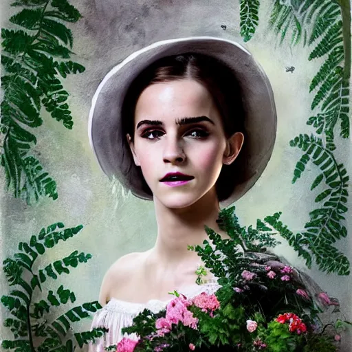 Image similar to painting on washed out on worn out canvas rough textured canvas wall full body fashion model emma watson smokey eyes makeup eye shadow fantasy, glow, shimmer as victorian woman in a long white frilly lace dress and a large white hat having tea in a sunroom filled with flowers, roses and lush fern flowers ,intricate, night, highly detailed, dramatic lighting , high quality