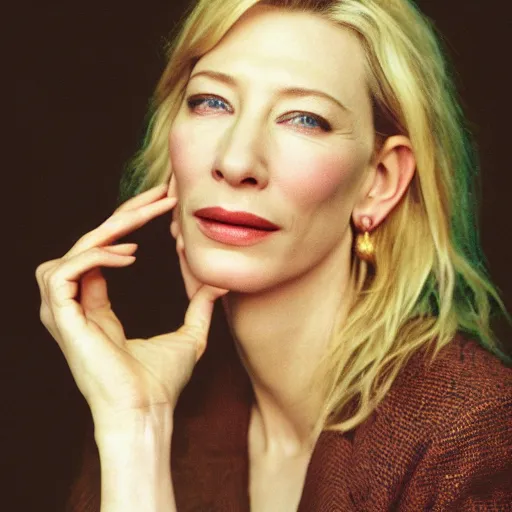 Image similar to very detailed and textured portrait of cate blanchett in 1999, by Steve McCurry, cinestill 800t 18mm 4k