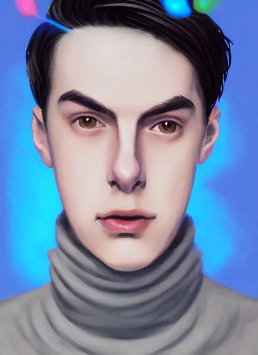 Image similar to portrait of teenage jughead jones wearing a light grey crown, crown, blue turtleneck, 1 9 5 0 s, closed eyes, photorealistic, black hair, glowing lighting, intricate, elegant, glowing lights, highly detailed, digital painting, artstation, concept art, smooth, sharp focus, illustration, art by wlop, mars ravelo and greg rutkowski