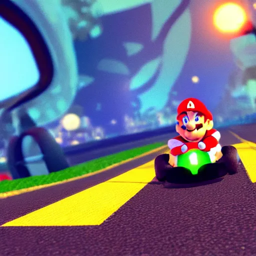 Image similar to cat driving mario kart on realistic road, motion blur, clear sky, golden hour, unobstructed road, artstation