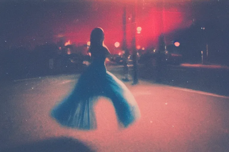 Prompt: blured shadow of dancing young woman on red light, focused background blue night sky with stars, polaroid photo