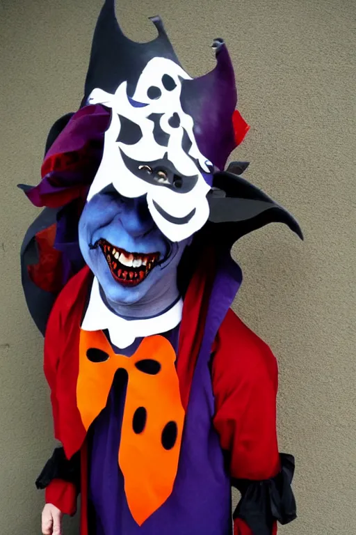 Prompt: scary dark jester halloween costume, best of halloweencostumes, man in a jester costume,