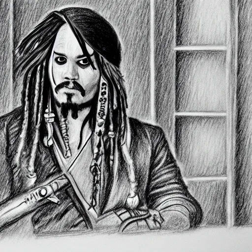 Image similar to jack sparrow a testifying in court. pencil court sketch. intricate. highly professionally detailed.