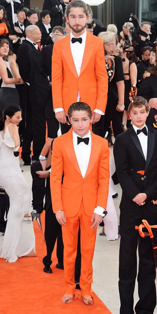 Image similar to 'young Shia LaBeouf wearing a frosty orange cross-cross weaved bamboo royal tuxedo'