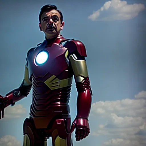 Prompt: mr. bean as ironman in the avengers movie. movie still. cinematic lighting.