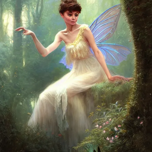 Prompt: audrey hepburn as a winged fairy in a fantasy forest, various backgrounds, highly detailed, digital painting, artstation, matte, illustration, art by gaston bussiere, greg rutkowski, tom bagshaw