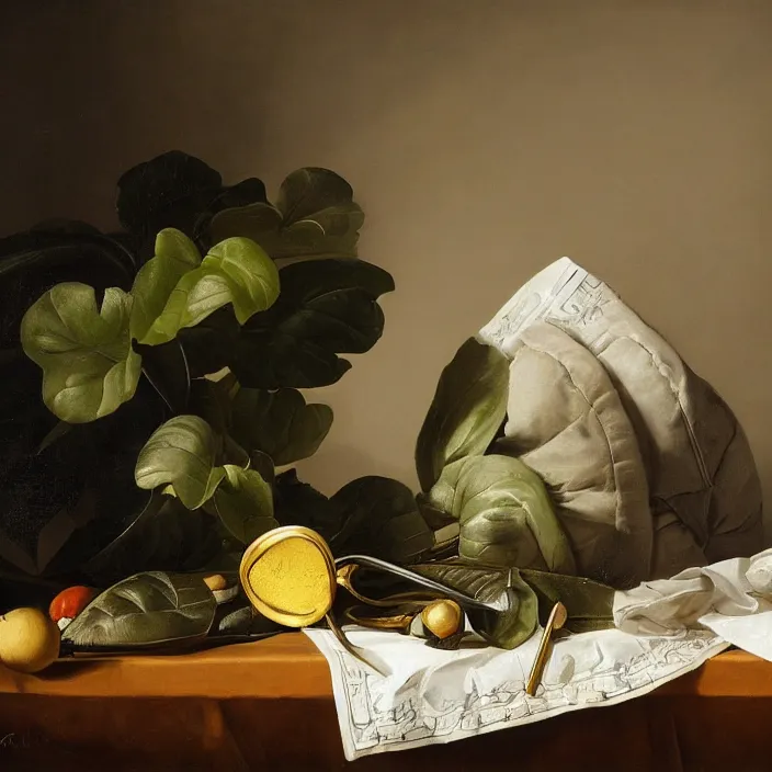 Prompt: still life painting of master sword and greenery by pieter claesz, oil on canvas, strong lighting, highly detailed, hyper realism, golden hour, god rays, hd, 4 k