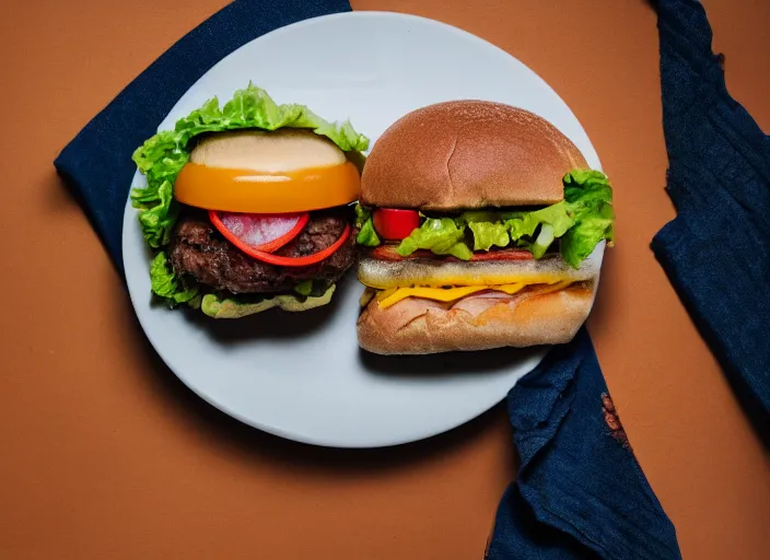 Prompt: dslr food photograph of a hamburger, thanos holding the plate 8 5 mm f 1. 8