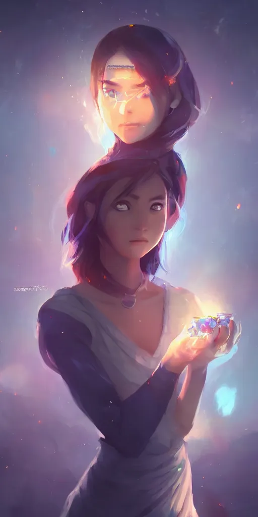 Image similar to beautiful young Himalayan woman with psychic powers, holding crystals, sad, futuristic, somber, by Makoto Shinkai and Wojtek Fus, by studio trigger, rossdraws, dramatic lighting, reflective light