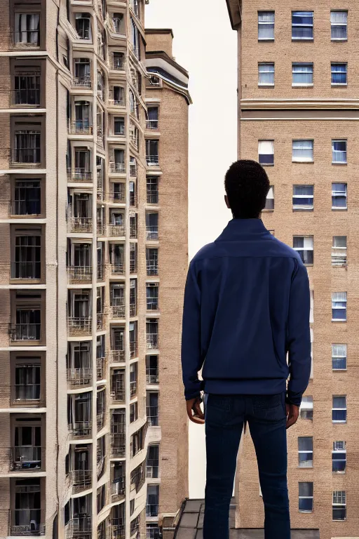 Image similar to un ultra high definition studio quality photographic art portrait of a young man standing on the rooftop of a british apartment building wearing soft padded silver pearlescent clothing. three point light. extremely detailed. golden ratio, ray tracing, volumetric light, shallow depth of field. set dressed.