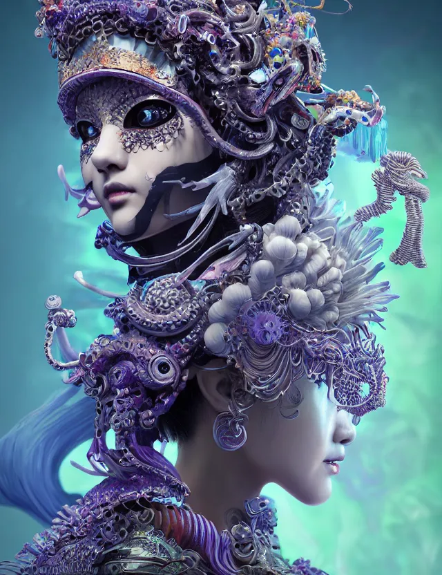 Image similar to 3 d goddess close - up profile portrait with crown, ram skull. beautiful intricately detailed cyberpunk japanese crow kitsune mask and clasical japanese kimono. betta fish, jellyfish phoenix, bio - luminescent, plasma, ice, water, wind, creature, artwork by tooth wu and wlop and beeple and greg rutkowski