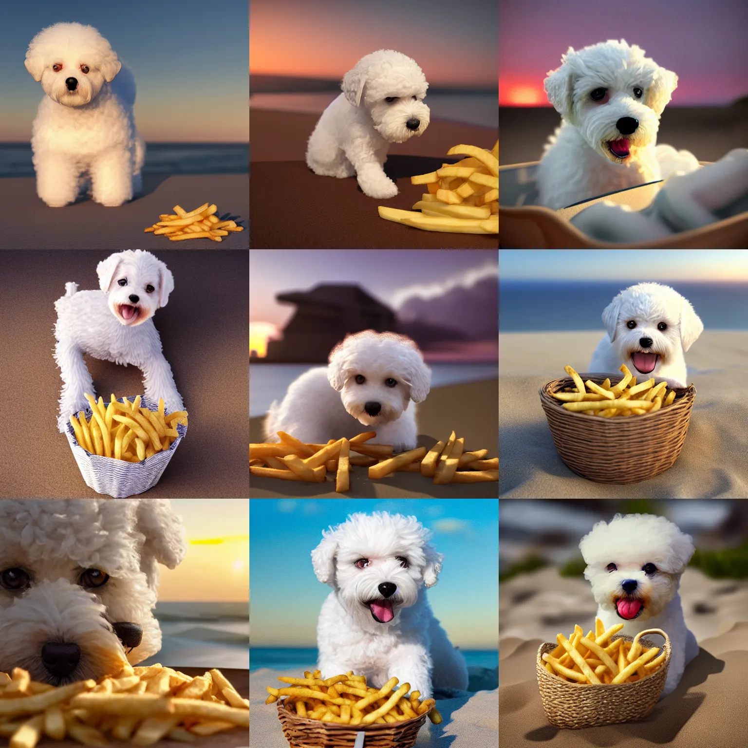 Image similar to a photorealistic photograph of a smiling knitted white bichon puppy eating basket of french fries during sunset at the beach Trending on artstation, featured on Behance, well-rendered, Unreal Engine, 4K HD