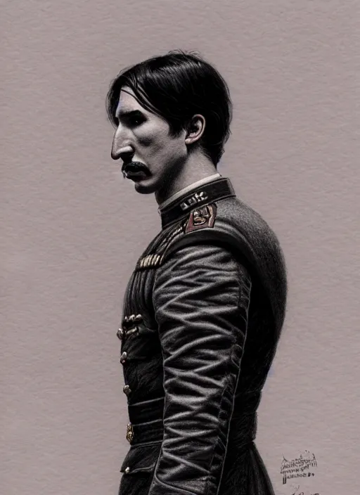 Image similar to a portrait of john oliver standing next to adam driver, stoic, full body, military uniform, fantasy, intricate, elegant, beautiful, highly detailed, charcoal, centered, dark, smokey, digital painting, artstation, concept art, smooth, sharp focus, illustration, art by artgerm and greg rutkowski and alphonse mucha