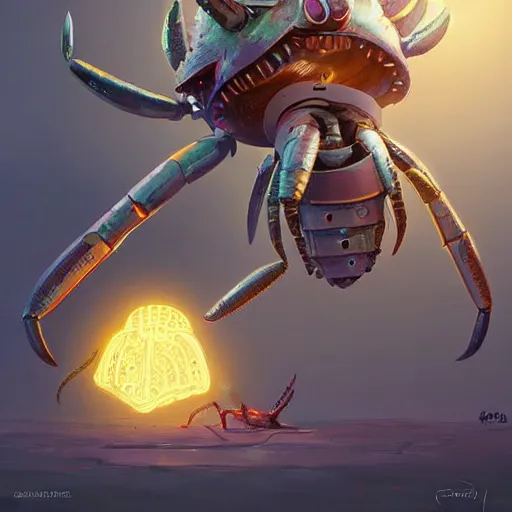 Image similar to unicorn grey alien changing batteries to a robotic crab with african decoration and a spongebob puppet, highly detailed, concept art, art by wlop and artgerm and greg rutkowski, masterpiece, trending on artstation, 8 k