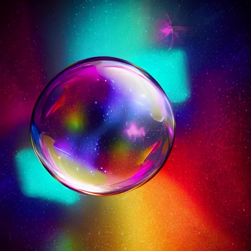 Prompt: Photorealistic galaxy in a soap bubble, octane render, HD, volumetric lighting, high details