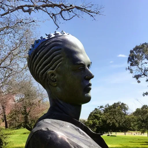 Prompt: giant statue of libertys head with crown lying sideways on the ground