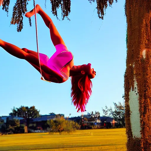 Prompt: photograph of a young woman with colorful hair performing on aerial silks during golden hour