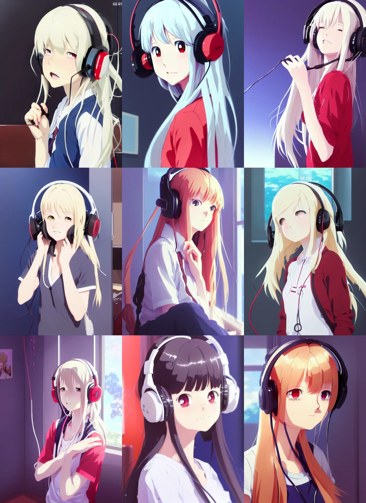 Prompt: high quality anime portrait of a cute ( ( red eyed girl ) ) with ( ( long white hair!! ) ) wearing a headset in her room interior. art by makoto shinkai, cute face by ilya kuvshinov, pixiv, danbooru, hd, headshot, perfect anime face!!!, digital art, cel shading