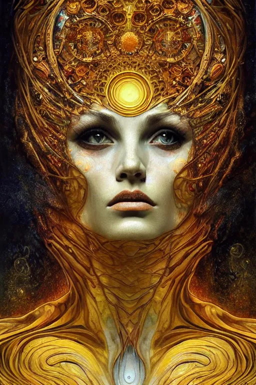 Prompt: Intermittent Chance of Chaos Muse by Karol Bak, Jean Deville, Gustav Klimt, and Vincent Van Gogh, beautiful surreal face portrait, enigma, destiny, fate, inspiration, muse, otherworldly, fractal structures, arcane, ornate gilded medieval icon, third eye, spirals