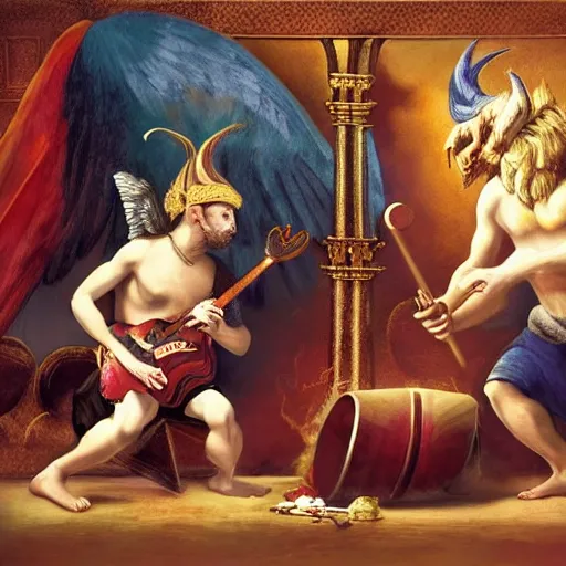 Image similar to God playing a gutair and the devil playing the drums, hyper realistic, HD, HQ, photo realistic