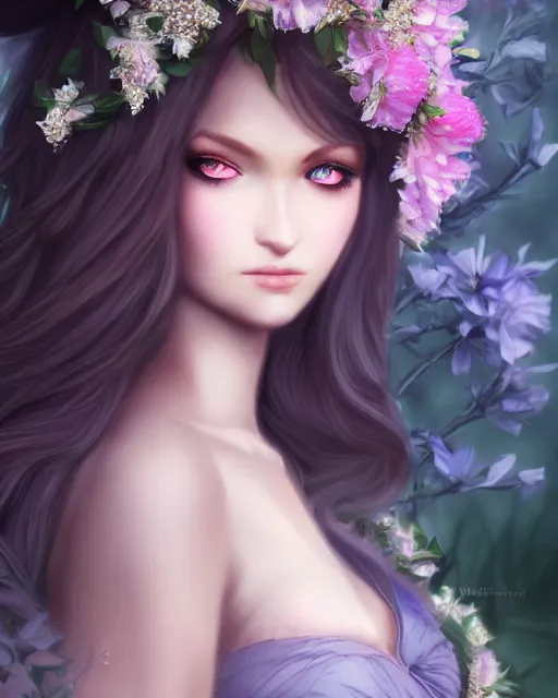 Prompt: dark angel in beatiful dress surrounded by dark flowers and diamonds, very detailed, realistic face, detailed face, matte, tonemapping, bbwchan, perfection, 4 k, cushart krenz