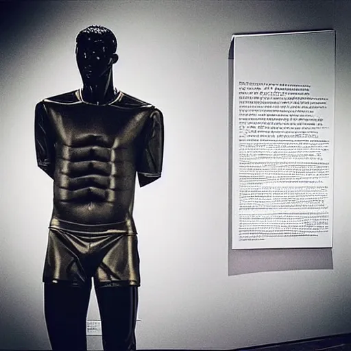 Image similar to “ a realistic detailed photo of a guy who is an attractive humanoid who is half robot and half humanoid, who is a male android, soccer player antoine griezmann, shiny skin, posing like a statue, blank stare, at the museum, on display ”