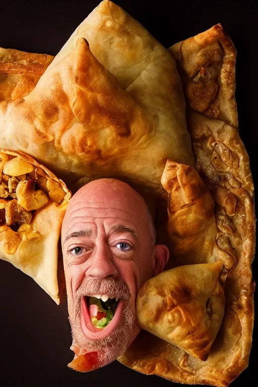 Prompt: 📷 j. k. simmons the samosa, made of food, head portrait, dynamic lighting, 4 k