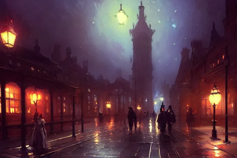 Image similar to an victorian city, scene in the night. 1 8 9 0, key visual, conceptart, ambient lighting, highly detailed, digital painting, artstation, concept art, sharp focus, by makoto shinkai and akihiko yoshida and greg manchess